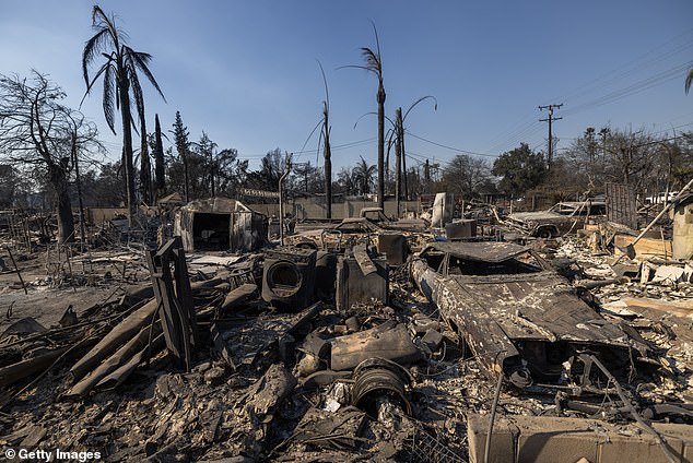 The ruins of many homes destroyed by the Eaton Fire are seen on January 10