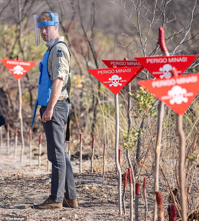 Harry walking through a minefield in similar protective gear to his mother in 2019