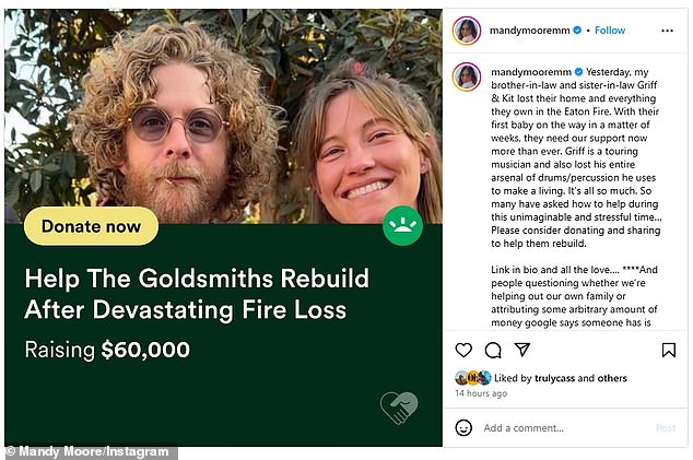 Moore posted information about the fundraising effort for her brother-in-law Griffin Goldsmith and his wife Kit, launched by Matthew Koma, Hilary Duff's husband