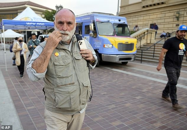 Chef Jose Andres, founder of World Central Kitchen, visits a temporary shelter for the victims of the Southern California wildfires at the Pasadena Convention Center