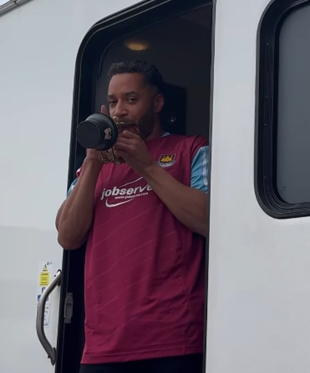 James also captured Samuel Anderson, who plays Smithy's pal Fingers, serenading the cast on the trumpet during a break in filming