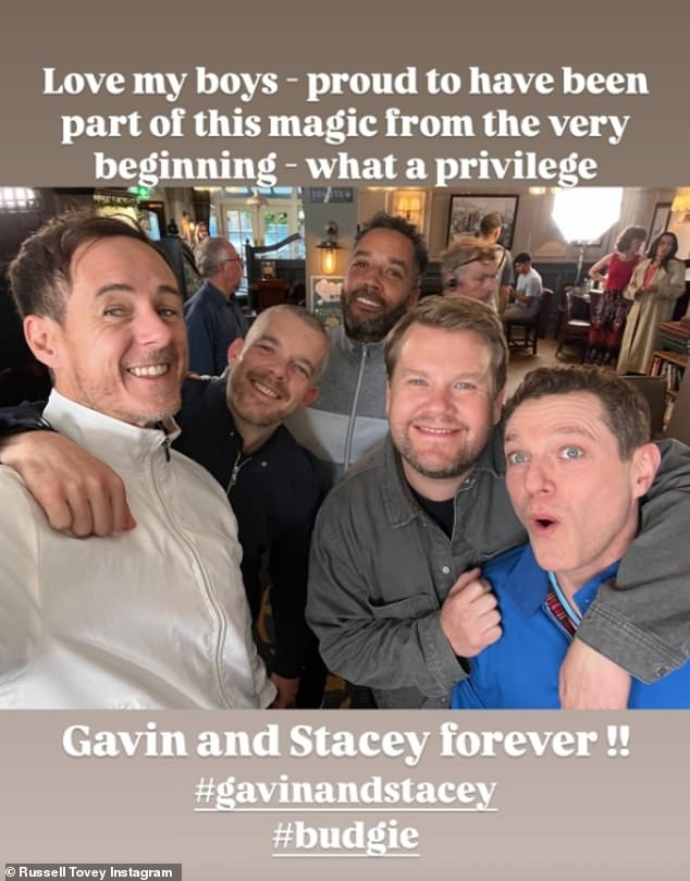 Russell , who played Budgie, shared snaps on set of the pub, writing: 'Love my boys - so proud to have been part of this magic from the very beginning - what a privilege'