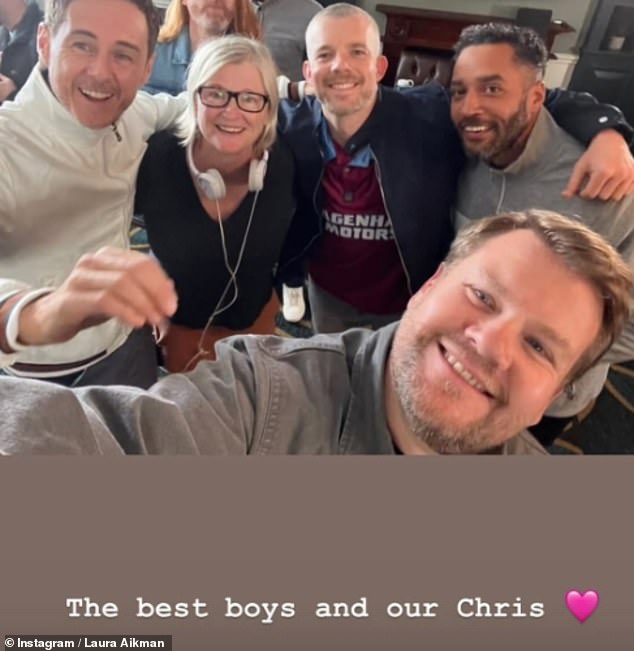 Laura Aikman shared a snap of the Andrew Knott (Dirtbox), Russell, Samuel Anderson (Fingers) and James taking a selfie with director Christine Gernon