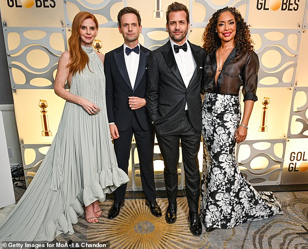 Pictured: Suits stars Sarah Rafferty, Patrick J. Adams, Gabriel Macht and Gina Torres attending the Golden Globes in January 2023