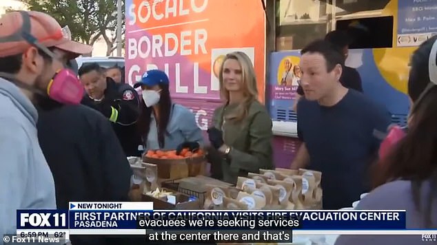 Meghan Markle and Prince Harry stood alongside the embattled California governor's wife as they served meals to the survivors of the Los Angeles wildfires