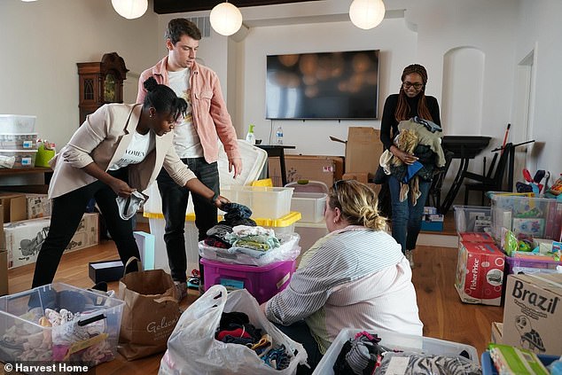 Women at the Harvest Home LA, which Meghan visited in March 2023, hosting a lunch and making a donation