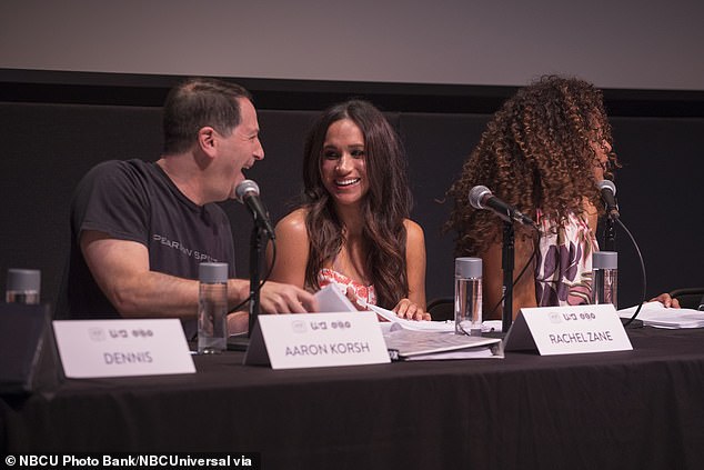 Meghan chatting with Suits writer Aaron Korsh who would go on to write her out of the show