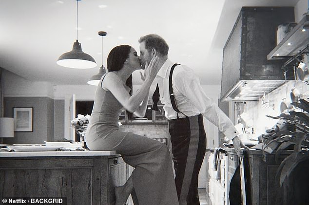 The couple kissing in the kitchen of Frogmore Cottage when featured in their Netflix series