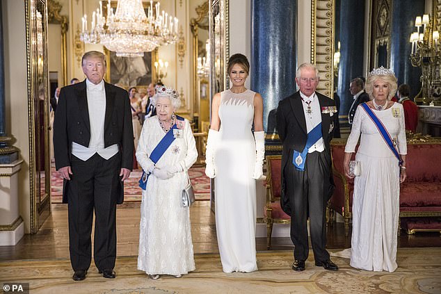 (From left) Donald Trump, Queen Elizabeth II, Melania Trump, Charles and Camilla at a State Banquet at Buckingham Palace in June 2019