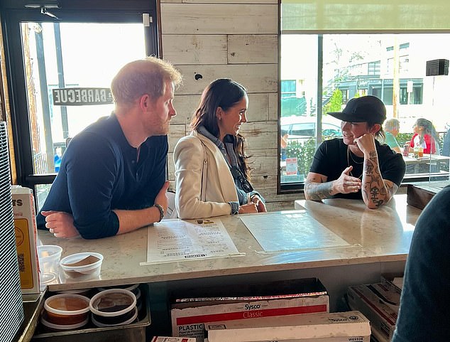 The Duke and Duchess of Sussex were seen chatting at the BBQ joint with the Michelin-starred owner, who is now caught up in an insurance fraud scheme, DailyMail.com has learned