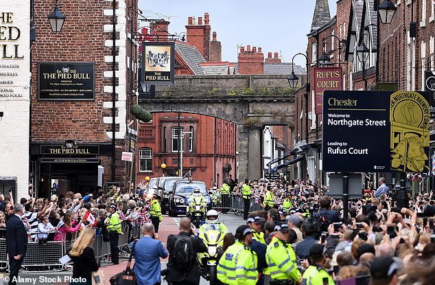 A view of the motorcade as Queen Elizabeth II and Meghan arrived in Chester