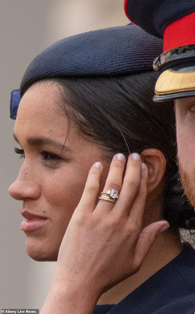 In 2019, the year after the couple tied the knot in Windsor, Harry commissioned celebrity jeweller Lorraine Schwartz to update Meghan's ring. The redesign, which coincided with Harry gifting Meghan an eternity ring, swapped the plain gold band to a thinner micro-pavé style adorned with tiny diamonds