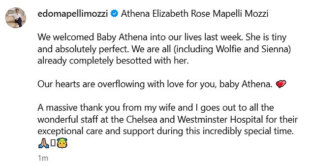 Edoardo Mapelli Mozzi, Athena's father posted a gushing announcement of his daughter's birth and said the family was 'overflowing with love' for her