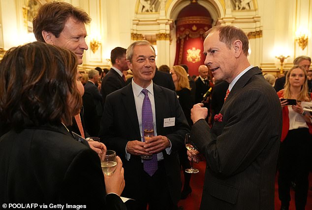 Reform UK leader Nigel Farage and Richard Tice speak with Prince Edward, Duke of Edinburgh