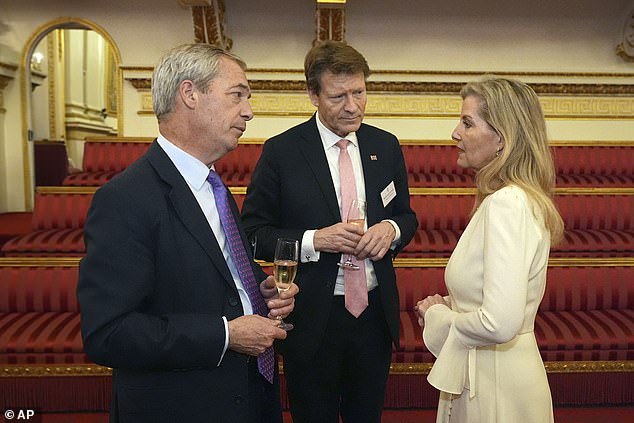 Reform UK leader Nigel Farage and Reform UK Deputy leader Richard Tice speak to Sophie, the Duchess of Edinburgh