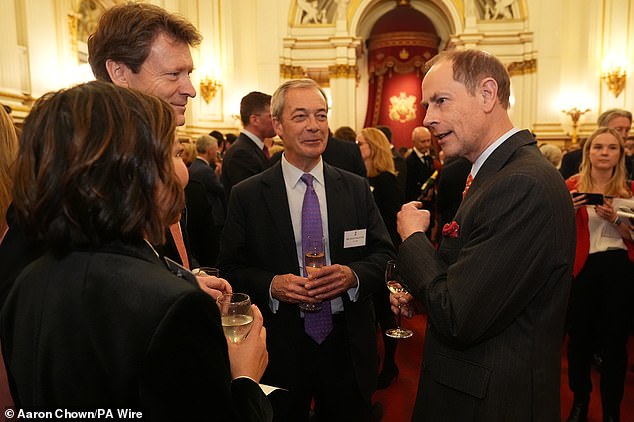 Nigel Farage and Reform UK Deputy leader Richard Tice speaking to the Duke of Edinburgh during a reception hosted by King Charles