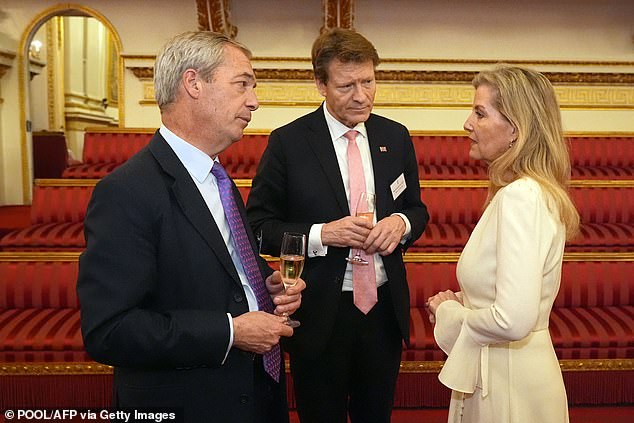 Reform UK leader Nigel Farage and Richard Tice speak with Sophie, Duchess of Edinburgh