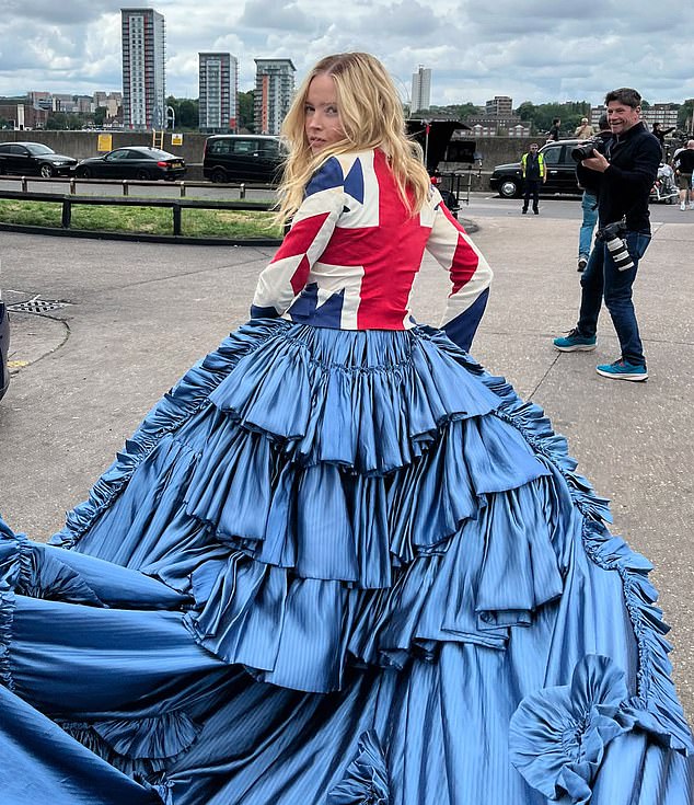 Actress Ellie Bamber wore Kate Moss¿s original John Galliano Union Jack Blazer on the set of the film Moss & Freud in London this week