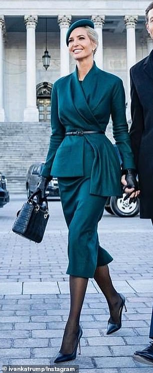 Ivanka showcased refined style in a forest green Dior skirt suit, accessorised with a matching hat and Lady Dior bag, offering a firm nod to Princess Diana