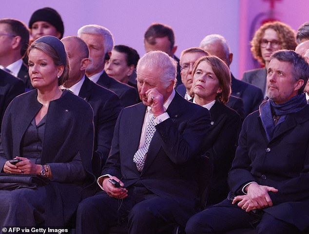 King Charles III wiped his eye during a commemoration event at Auschwitz-Birkenau on January 27