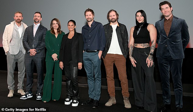 Celebrities attend the Next On Netflix event last night (L-R): Ben Affleck, CM Punk, Tina Fey, Bela Bajaria, Ross Duffer, Matt Duffer, Rhea Ripley, and John Mulaney