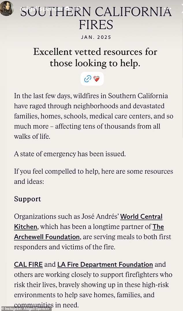 Abigail Spencer took to Instagram to share Archewell's post with resources to help LA fire victims