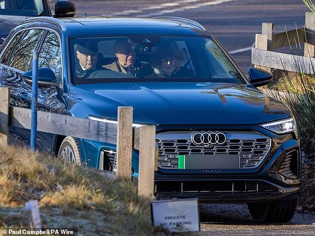 Travelling in their Audi, Charles, 76, and Camilla, 77, looked relaxed as they made their way through the roads close to their Scottish estate