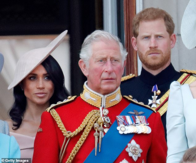 Their appearance today comes after Vanity Fair's explosive new article claimed Prince Harry (pictured with Meghan and the King in June 2018) had hoped to hear from members of his family after publishing his bombshell memoir Spare