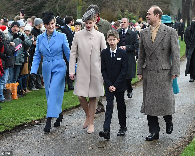 Edward and wife Sophie (pictured on Christmas Day with their children Lady Louise Windsor and James in 2018) now focus on their royal duties which involves a variety of patronages