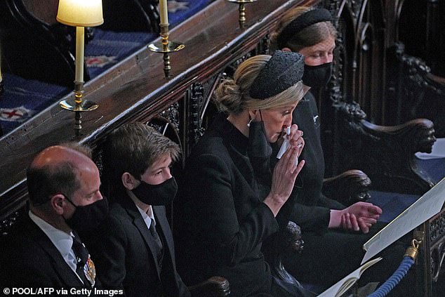 Prince Edward and Sophie, alongside their children James and Lady Louise Windsor at the funeral of Prince Philip on April 17, 2021