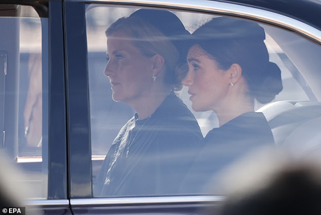 When Meghan and Harry return for royal events, such as at the funeral of the Queen in September 2022 (pictured), it fell to Sophie to act as peacemaker between them and the rest of the family