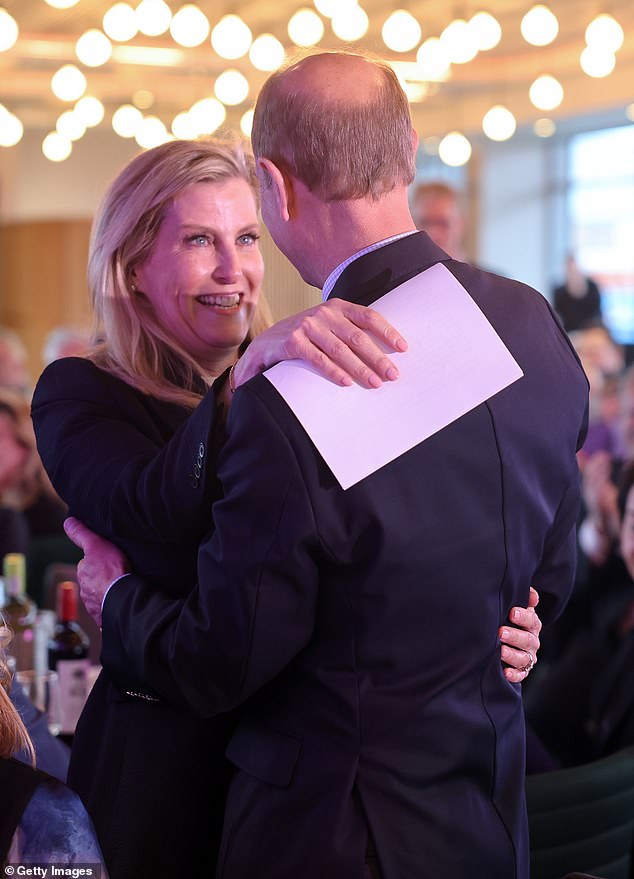 Prince Edward and Sophie hug after her emotional speech  praising him on his 60th birthday in March where she said 'I am so proud of the man he is. He is the best of fathers, the most loving of husbands and still is my best friend'