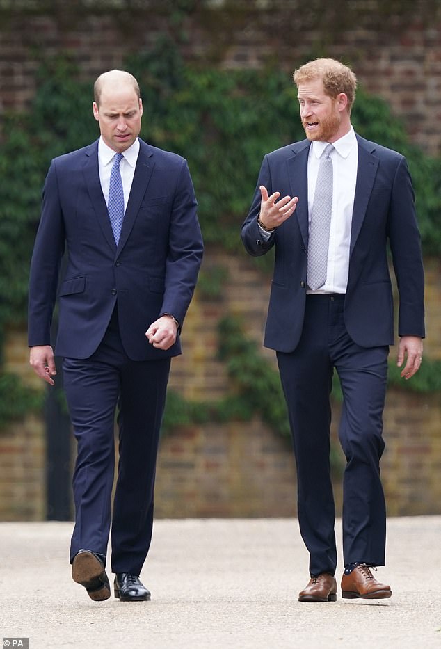 Prince William and Prince Harry arrive for the unveiling of a statue they commissioned of their mother Diana, Princess of Wales in the Sunken Garden at Kensington Palace in 2021