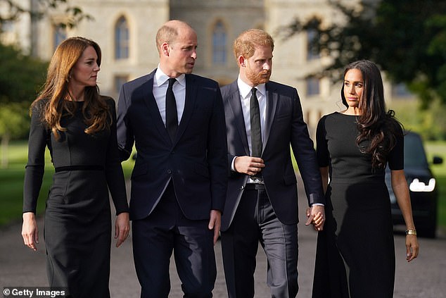 Kate, William, Harry and Meghan are pictured together at Windsor Castle in the days following the Queen's death at Balmoral Castle in 2022