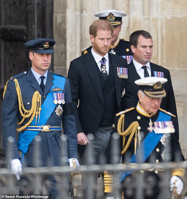 Prince William, Prince Harry, and King Charles III during the State Funeral of Queen Elizabeth II at Westminster Abbey on September 19, 2022