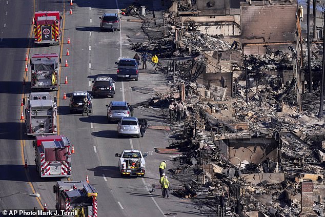 Homes along the Pacific Coast Highway are seen burned by the Palisades Fire on January 12 in California