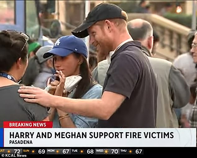 The Duchess and Prince Harry visited survivors of the wildfires and were spotted handing out food packages