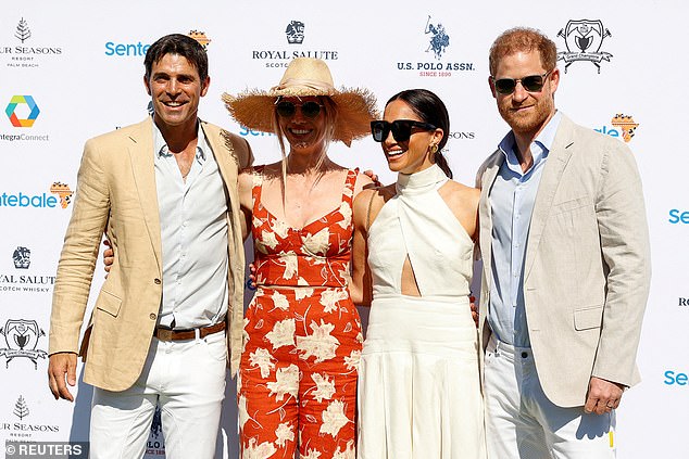 Pictured L-R: Nacho, Delfina, Meghan and Harry smile as they attend the Royal Salute Polo Challenge in April