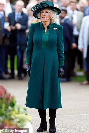 Camilla looked radiant in this spruce green Anna        Valentine dress to Ascot in 2023