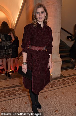 Princess Beatrice wore an Alaia burgundy velvet          dress to London’s Portrait Gala