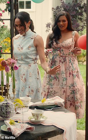 When seen with Mindy Kaling, Meghan donned a $1,233 (£995) printed dress from Emilia Wickstead