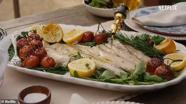 The Duchess also prepared a dish of white fish paired with roasted tomatoes, lemons and herbs including rosemary and basil, drizzled with olive oil