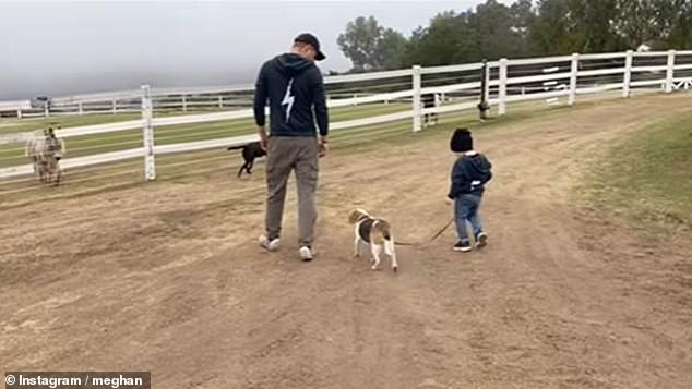 One clip showed Prince Harry and Archie walking Guy on the leed around a horse stables