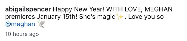 Abigail gushed over the former royal, posting both a reel to her Instagram page and writing a message to Meghan on her story