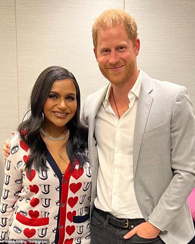 Minky Kaling poses with Prince Harry at the BetterUp Uplift summit at the Hilton Union Square in San Francisco, California, in a photograph the actress posted on Instagram last night