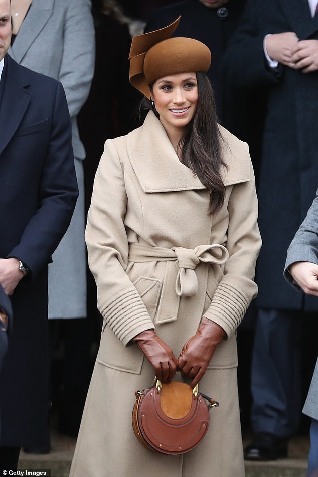 In 2017, a newly engaged Meghan joined the Royal Family for the Christmas Day church service at Sandringham, wearing a tonal look