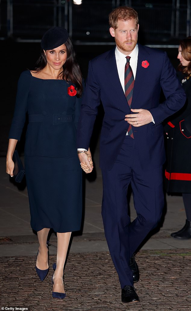 Dressed head to toe in navy for the 2018 Centenary of the Armistice service, Meghan debuted the blue colourway of the £645 Deneuve pumps to match her Prada suit