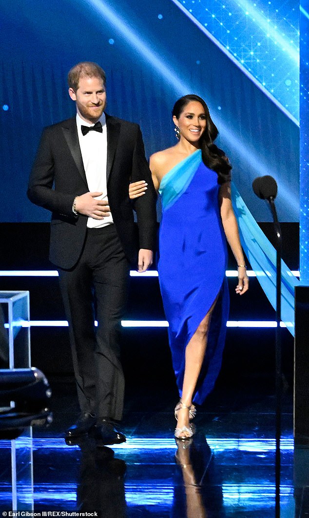 For her first public appearance of 2022, Meghan attended the NAACP Awards wearing a Christopher John Rogers blue-ombre dress with a flowing cape, flashing her sparkling £1095 Celeste sandals which were worn again a year later at a Beyoncé concert