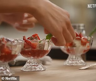 Meghan also served guests a dessert that appears to resemble Eton Mess, containing strawberries, cream, mint and a berry coulis