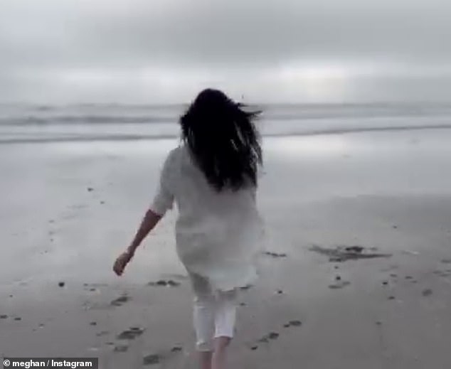 The Duchess of Sussex , 43, made her dramatic return to Instagram on Wednesday morning, uploading a short clip that showed her frolicking on the beach in an all-white ensemble